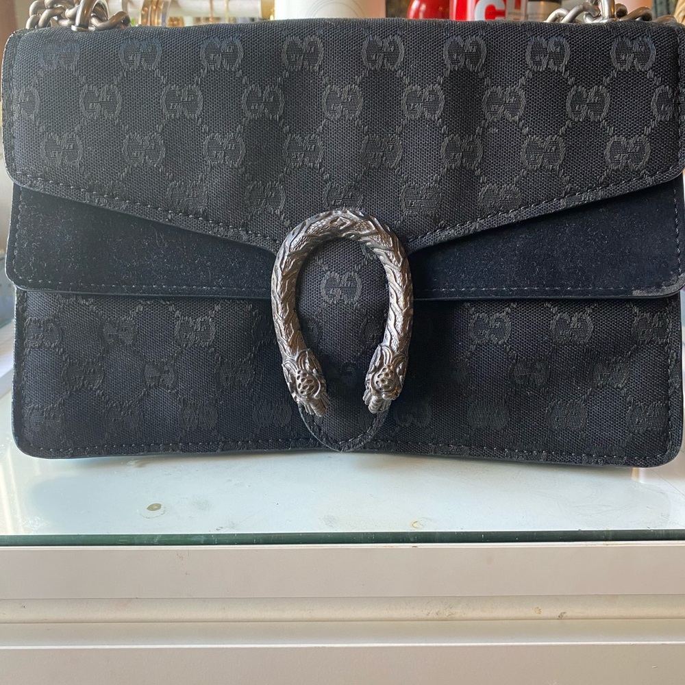 Black Shoulder Bag with Chain Strap - Designer Monogram Style